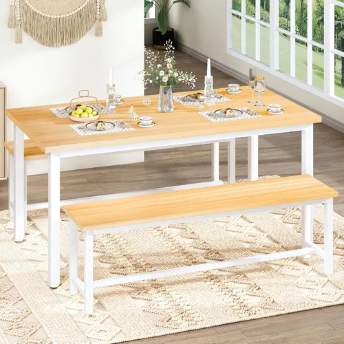 Vista 2 de DKLGG Juego de mesa de comedor para 4, mesa de cocina de 47.2 pulgadas con 2 bancos, juego de mesa de comedor de granja de 3 piezas, comedor que