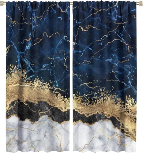 Vista 78 de Cortinas abstractas de mármol de lujo de lujo azul marino dorado a rayas con patrón de mármol estampado para dormitorio, sala de estar, cortinas