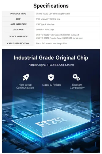 Vista 5 de waveshare 2 adaptadores industriales USB a RS232 con chip FTDI FT232RNL original, compatible con sistemas operativos incluyendo Mac OS, Linux
