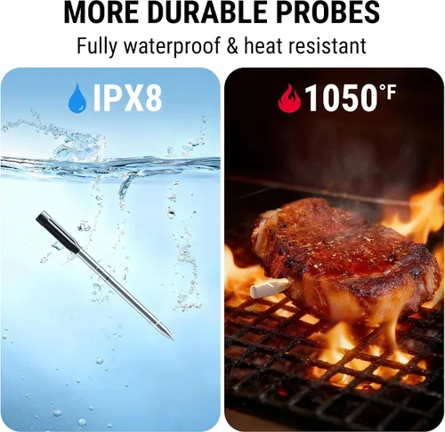 Vista 5 de TempPro - Termómetro inalámbrico de carne de 500 pies para cocinar, sondas de colores largas y cortas, termómetro Bluetooth para carne ahumador