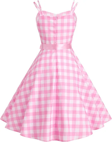 Vista 3 de Vestido vintage de cuadros rosa para mujer, vestido vintage de los años 50, vestido de cóctel de fiesta de los años 50, retro con tirantes delgados