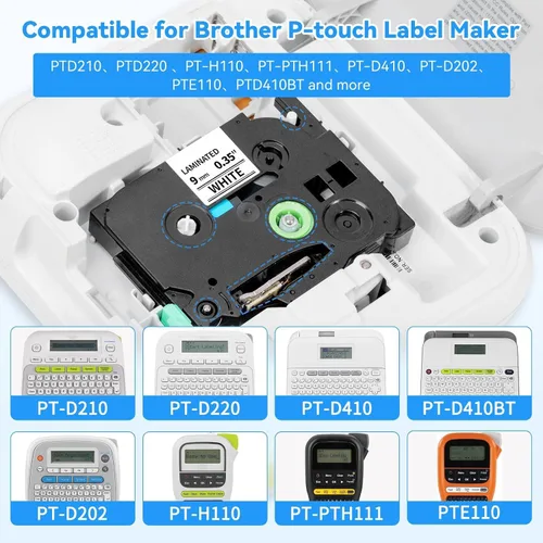 Vista 3 de Cinta para etiquetar de 0.354 in TZe-221 TZ Cinta de 0.354 in 0.35 laminada blanca Ptouch Cinta de reemplazo para Brother P-Touch TZe221 Trabaja