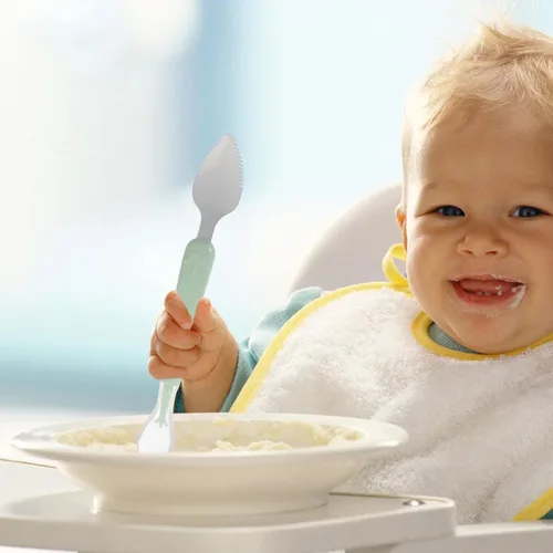 Vista 2 de Cuchara de bebé de doble cabeza, cuchara de silicona para bebés, cuchara de barro, cucharas de alimentación, juego de cuchara de entrenamiento