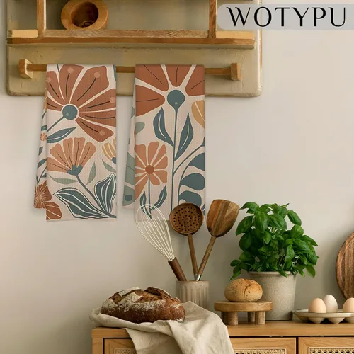 Vista 4 de Groovy - Juego de 2 toallas de cocina vintage bohemias, florales naranjas y verdes, estilo retro de los años 70, diseño botánico botánico