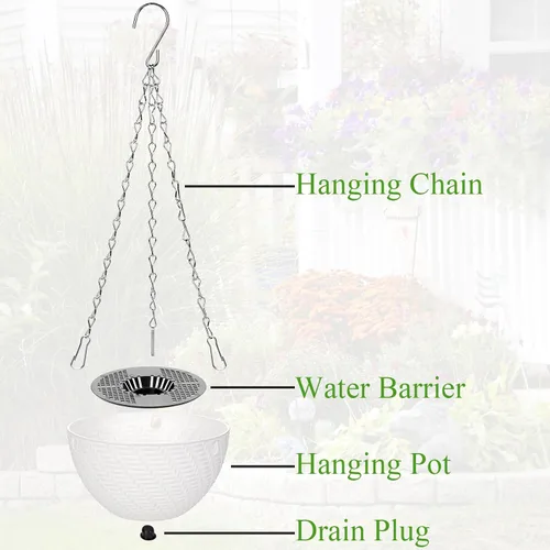 Vista 4 de Foraineam 10 macetas colgantes de 6 pulgadas, maceta de jardín con riego automático, mini macetas para suculentas con cadena para colgar