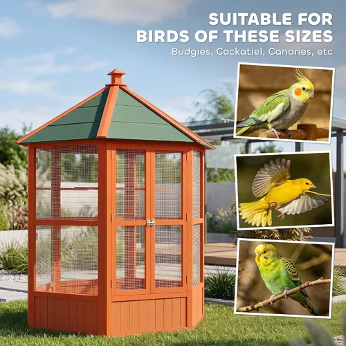 Vista 11 de Jaula para aves PawHut de 69 pulgadas, grande, hexagonal, de madera, para exteriores, con techo cubierto, color marrón