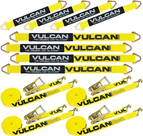 Vista 12 de VULCAN Kit completo de amarre de correa de eje con correas de trinquete de gancho a presión, amarillo clásico, incluye (4) correas de eje de 22