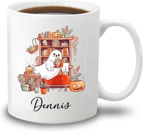 Vista 16 de Taza de café blanca personalizada de Halloween Besties, Besties Forever y 3 tazas de café Boo de 11 onzas y 15 onzas, bonita taza de cerámica Boo