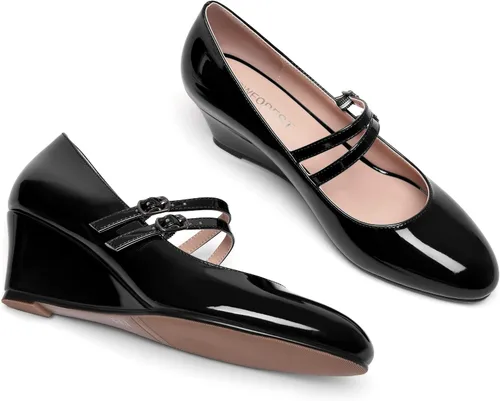 Vista 7 de Zapatos de tacón bajo con hebilla de punta redonda para mujer, con correa ajustable y correa ajustable, 2 pulgadas
