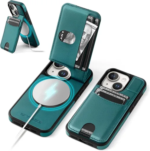 Vista 25 de SkyEagle Funda compatible con Magsafe para iPhone 13 Pro Max con soporte para tarjetas, función atril, bloqueo RFID, ranuras para tarjetas de Verde