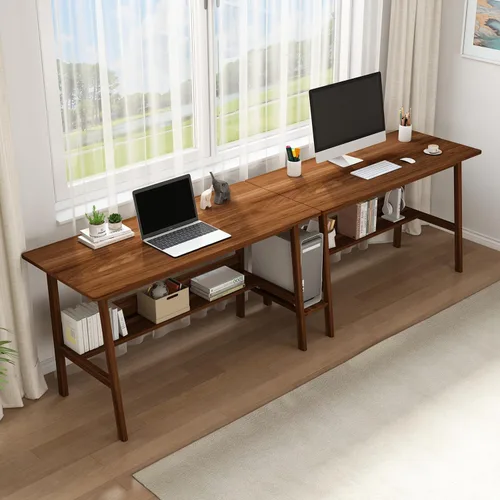 Vista 9 de NELYE Escritorio para 2 personas con estantería, mesa de trabajo de madera extra larga de 79 pulgadas, estación de trabajo para computadora de Nuez