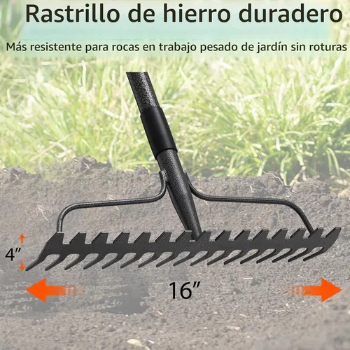 Vista 2 de Rastrillo de arco, rastrillo de hojas de 17 puntas, rastrillo de paja para césped, mango largo de 63 pulgadas para jardinería, rastrillo de jardín