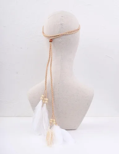 Vista 2 de Jumwrit Diadema de plumas bohemias, tocado gitano indio, diadema ajustable con borla, accesorios hippie para mujeres y niñas