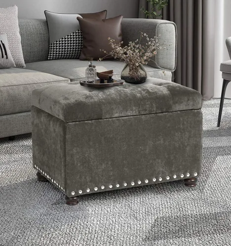 Vista 8 de Homebeez Banco otomano de almacenamiento copetudo, taburete de terciopelo con parte superior elevadora y ribete de cabeza de clavo (gris oscuro)