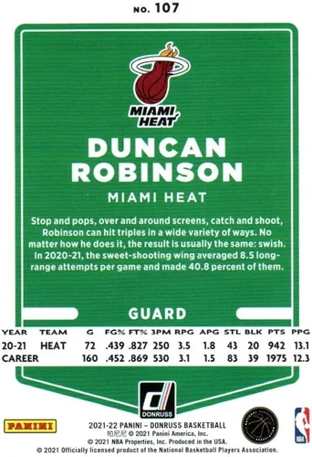 Vista 2 de Duncan Robinson Donruss Collectible Basketball Card- 2022 Panini Donruss Basketball Card #107 (Heat)