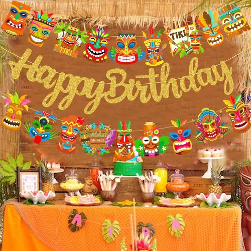 Vista 8 de Hawai Luau - Pancarta hawaiana de Tiki para fiesta de cumpleaños, 3 unidades, decoración de fiesta de Aloha para colgar, guirnaldas de Tiki