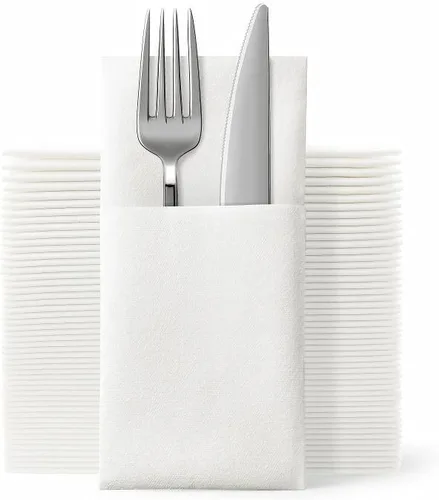 Vista 11 de JEBBLAS Paquete de 100 servilletas desechables de tela, bolsillo integrado para cubiertos, para bodas, fiestas, servilletas blancas, preplegadas