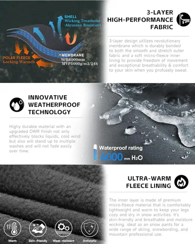 Vista 5 de Pantalones de senderismo para hombre, para nieve, esquí, senderismo, invierno, forro polar, impermeable, aislante, cremallera, pierna inferior