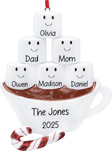 Vista 14 de Adorno de Navidad personalizado de familia de 3 de chocolate caliente 2026 Malvaviscos personalizados en taza de cacao con bastón de caramelo