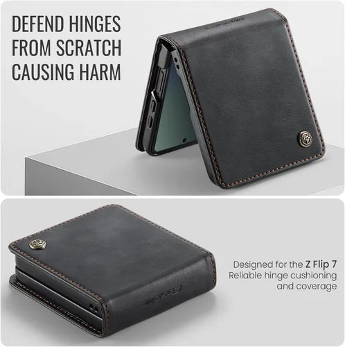 Vista 3 de Funda tipo cartera para Samsung Galaxy Z Flip 7 de piel con tarjetero y función atril, cierre magnético, bloqueo RFID, TPU a prueba de golpes Negro