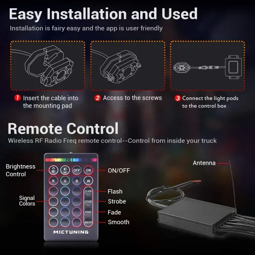 Vista 6 de MICTUNING Kit de luces LED RGB 2025 mejorado, 8 cápsulas de luz neón multicolor con control remoto RF a prueba de agua 12V para autos, camiones