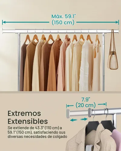 Vista 4 de SONGMICS Perchero con ruedas, perchero resistente con barra extensible para colgar, capacidad de carga de 286.6 libras, 17.7 x (43.3-59.1) x 64.1