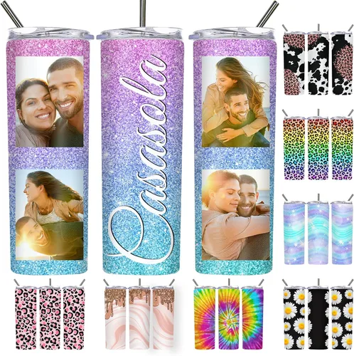 Vista 40 de Vaso delgado personalizado con purpurina con tapas y popotes, nombres, vasos de acero inoxidable personalizados con imagen para mujeres, hombres