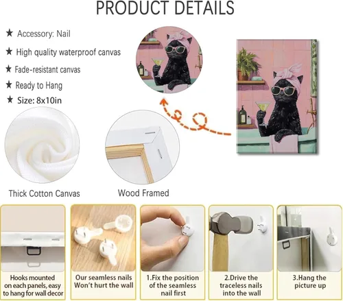Vista 5 de Divertido lienzo de baño negro con diseño de gato negro para pared, póster de lindo gato en la bañera, pintura de animales caprichosos, imagen