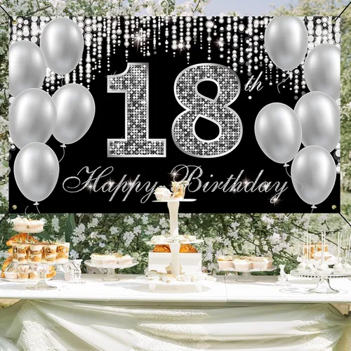 Vista 3 de Cartel de fondo de 18 cumpleaños, decoraciones de feliz cumpleaños 18 para niños y niñas, negro y plateado para fiesta de cumpleaños de 18 años