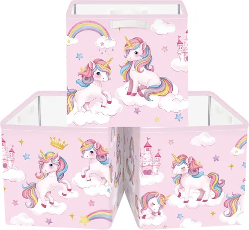 Vista 8 de Clastyle Juego de cestas de almacenamiento plegables de unicornio rosa para niños, organizador de ropa, cuarto de bebé, juguetes para niñas, estante