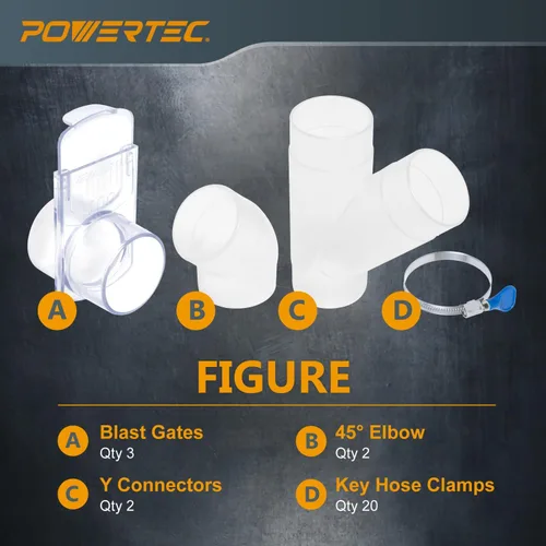 Vista 2 de POWERTEC Kit de accesorios de recolección de polvo de 2-1/2 pulgadas con conectores transparentes, puertas de chorro y abrazaderas de manguera