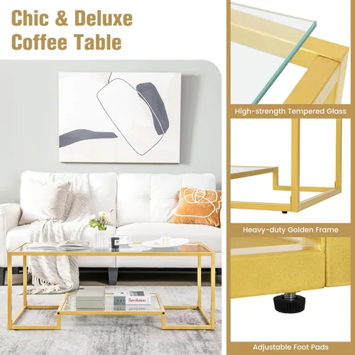 Vista 6 de COSTWAY Mesa auxiliar de cristal de 45 pulgadas, mesa decorativa rectangular de 2 niveles con estante de almacenamiento y marco de metal dorado