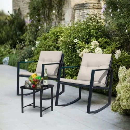 Vista 3 de Juego de 3 sillas mecedoras de patio para exteriores con mesa auxiliar (beige), 23.50 x 28.70 x 35.00 pulgadas (largo x ancho x alto) (T998142)