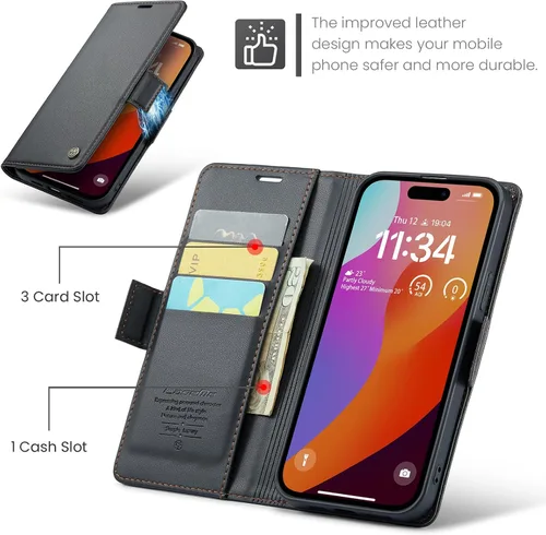 Vista 4 de Funda para iPhone 15 Pro Max, [bloqueo RFID] Funda de piel sintética tipo cartera con tarjetero y soporte para tarjetas, funda a prueba de golpes