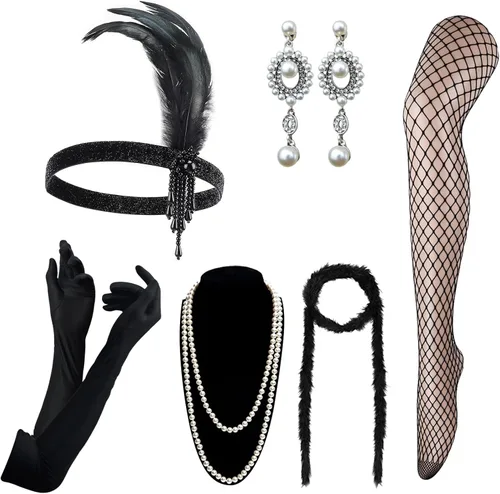 Vista 8 de DRESHOW - Juego de accesorios de El Gran Gatsby de los años 20 para mujer, diadema de flapper, tocado, guantes, disfraz, accesorios de las noches