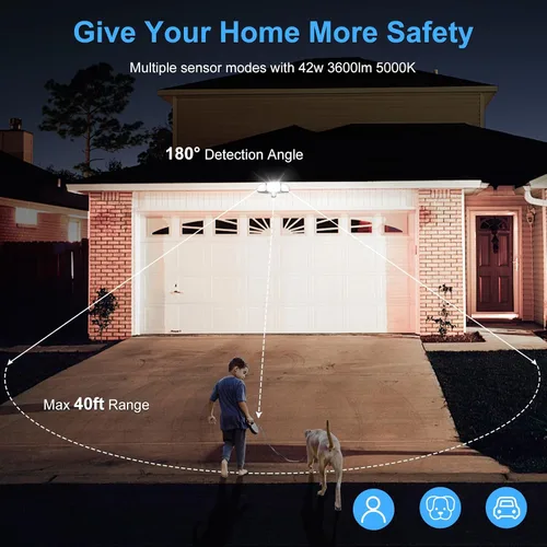 Vista 3 de MEIKEE Luces LED de seguridad de 42 W, luz con sensor de movimiento, luz de inundación al aire libre, 3600LM 6500K IP66 impermeable, 3 cabezales