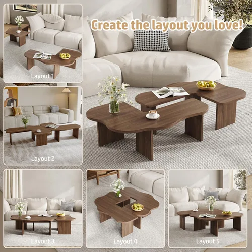 Vista 7 de Mesa de centro irregular 2 en 1 para sala de estar, mesas modernas de mediados de siglo para espacios pequeños, juego de mesa auxiliar modular