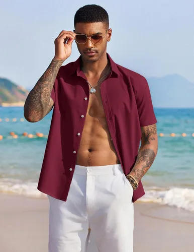 Vista 6 de COOFANDY Camisa casual de manga corta con botones para hombre, de verano, algodón, lino, para playa