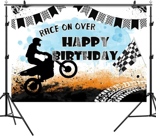 Vista 2 de Telón de fondo de motocicleta con texto en inglés "Race On Over Motocross Racing Fotografía", decoración de fiesta de cumpleaños, suministros