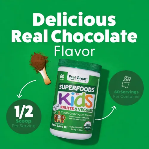 Vista 7 de Feel Great USDA Organic Super Greens para niños Polvo de verduras de chocolate vegano con polvo vegetal para niños Polvo de superalimentos