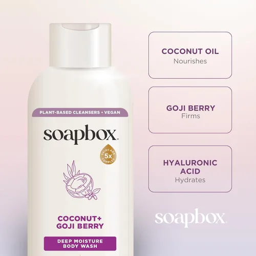 Vista 5 de Soapbox Gel de baño, coco + bayas de Goji para mujeres, hombres, vegano + jabón hidratante rico en antioxidantes con manteca de karité, péptidos