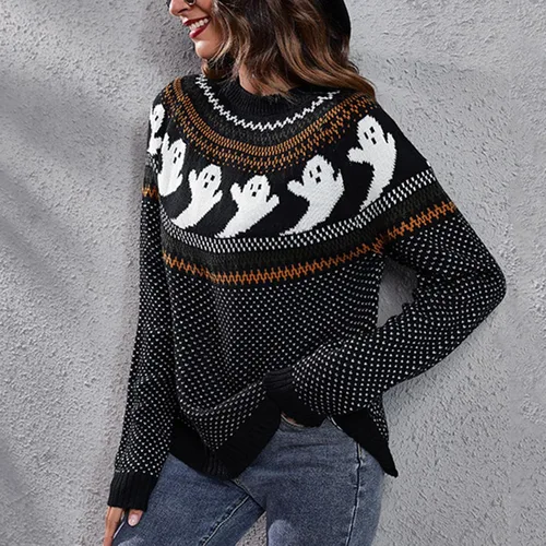 Vista 3 de Cocoarm Suéter de invierno básico de punto de manga larga con cuello redondo para mujer, casual, Halloween, estampado de fantasmas