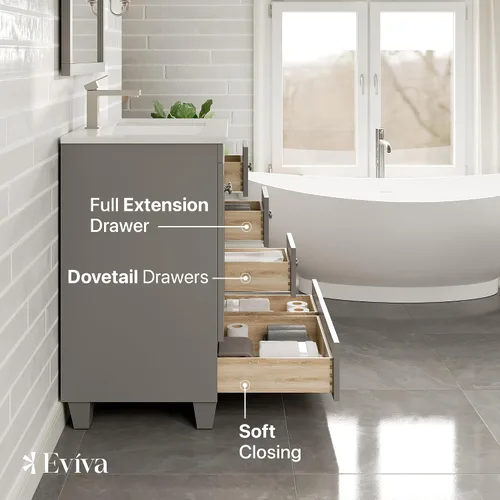 Vista 7 de Eviva Happy - Tocador de baño gris de 30 pulgadas con tapa de cuarzo Carrara y fregadero de porcelana