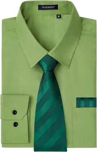 Vista 31 de HISDERN Mens Dress Shirt with Tie Pocket Square Set Classic Button Down Shirt Matching Tie Long Sleeve Shirts 08-verde