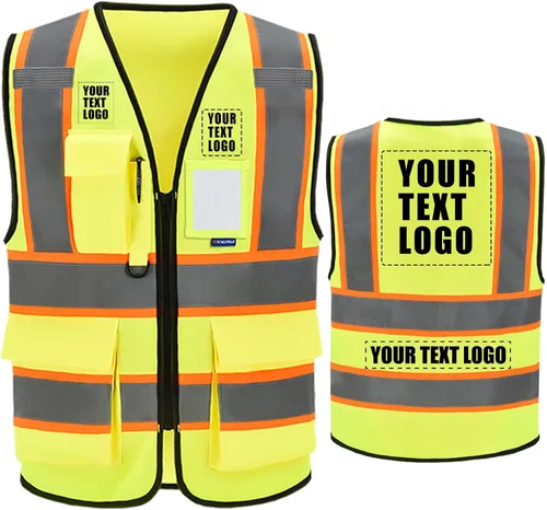 Vista 19 de AYKRM Chaleco de Seguridad de Construcción Personalizado con Logotipo Impreso de Alta Visibilidad Reflectante de 2 Tonos