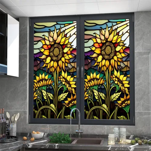 Vista 3 de Película de privacidad para ventana, película de vidrieras de girasol, película de privacidad extraíble para ventana, adhesivo estático decorativo