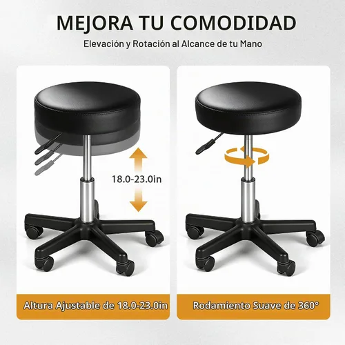 Vista 6 de Nova Microdermabrasion Taburete giratorio con ruedas, taburete giratorio ajustable para dibujar tatuajes, silla de oficina para barra de masaje Negro