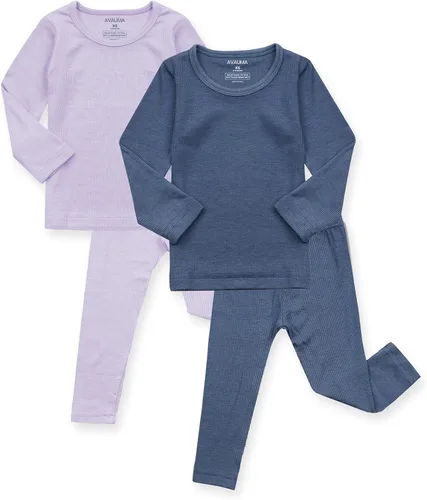 Vista 8 de AVAUMA Conjunto de pijama para bebés, niños y niñas, ajuste ceñido, con nervaduras, ropa de dormir para el estilo de vida diario Negro/Azul