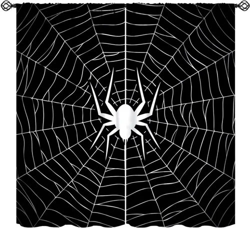 Vista 15 de JESTRONRY Cortinas de telaraña, telaraña espeluznante de Halloween, gótico, naranja, aterrador, tratamiento de ventana, cortinas opacas