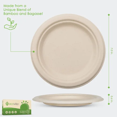 Vista 2 de Ecovita Platos de papel 100 % compostables [7 pulgadas] – 150 platos desechables ecológicos, resistentes, libres de árboles y líquidos y resistentes